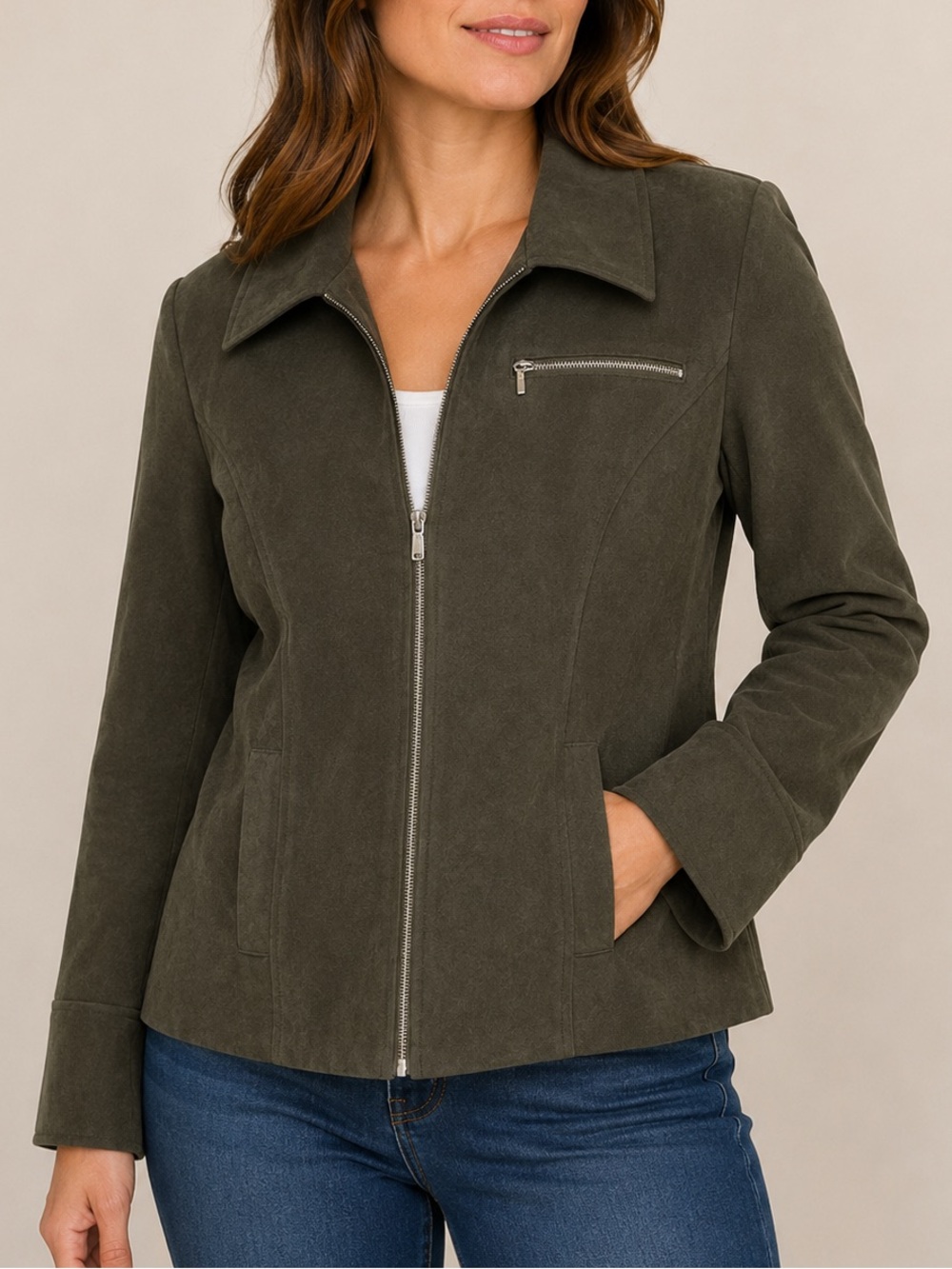 Index Petites Vintage Y2K Olive Green Zip Front Fitted Jacket M
